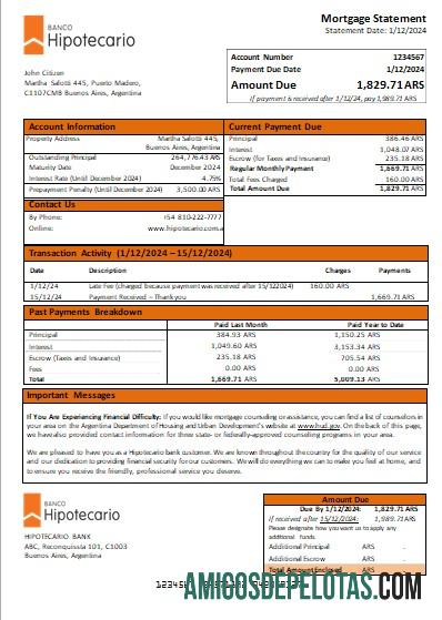 Argentina Banco Hipotecario Bank Mortgage Statement Scr exemplo